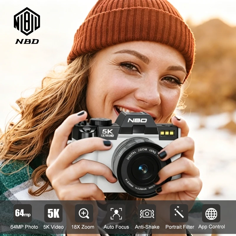 NBD Digitalkamera 5K 64MP Vlogging-Kamera App-Steuerung 60FPS Autofokus Kompaktkamera für Anfänger Reisegeschenk S100F Weißes Gehäuse