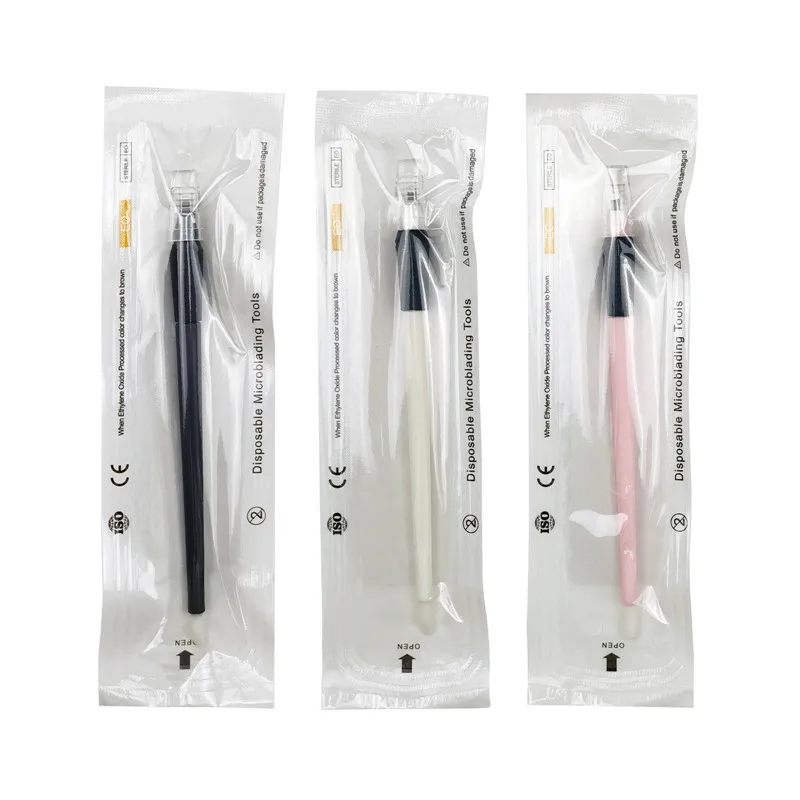 Nieuwe Tricolor 10/50Pcs 0.15/0.18/0.2Mm Wegwerp Microblading Pen Gesteriliseerde Permanente Make-Up Wenkbrauw Tattoo tool Met U Blades