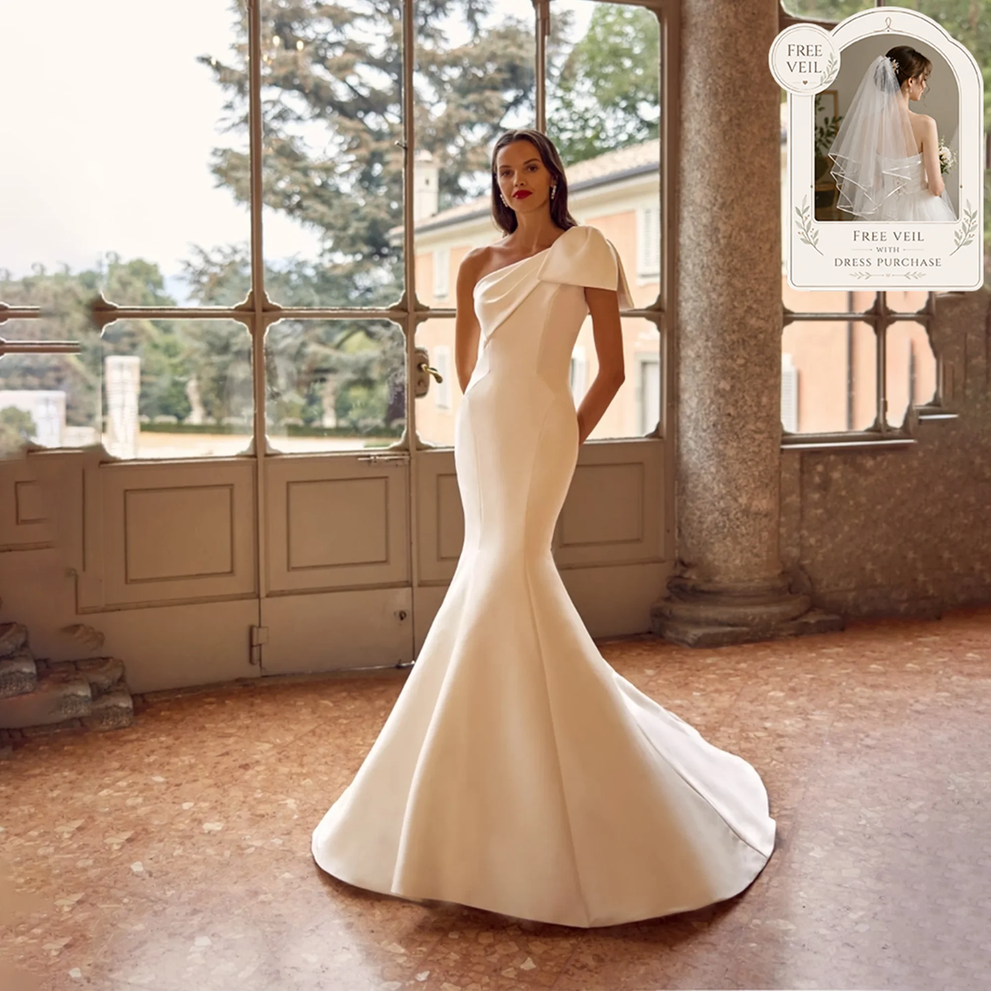 

One Shoulder Satin Mermaid Wedding Dress Big Bow Pleated Ivory Elegant Bridal Gown Sweep Train robe de mariée 2026 Customized