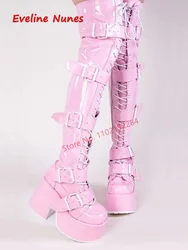 Pink Platform Over The Knee Boots Women's Luxury Brand Leather Round Toe Chunky Heel Fashion Plus Size Sexy Elastic Shoes