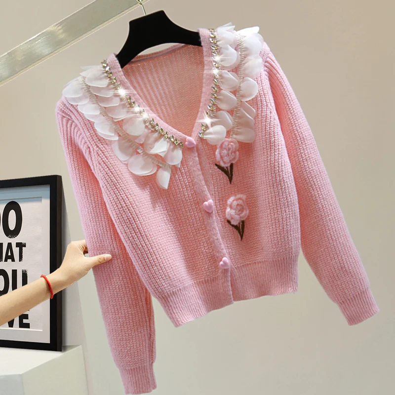 Petal Splicing Diamond-encrusted V-neck Knitted Cardigan Women Spring Fall Short Love Button Pink Sweater Coat Elegant Apricot