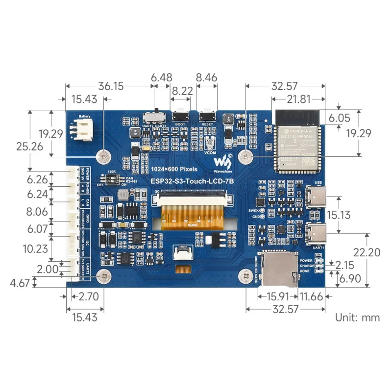 

Плата разработки Waveshare ESP32-S3 с 7-дюймовым дисплеем, тип B, ESP32 с дисплеем, 1024×600, опционально с функцией сенсорного управления, SKU-31726