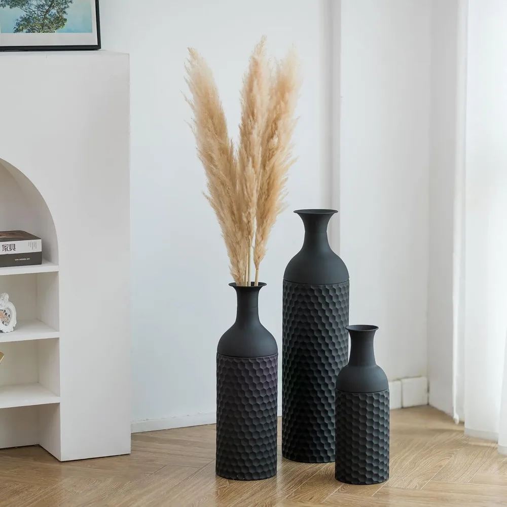 Large Black Vases Tall 27inch - Metal Floor Standing Vase Set of 3 Modern Honeycomb Texture Big Standing Vase