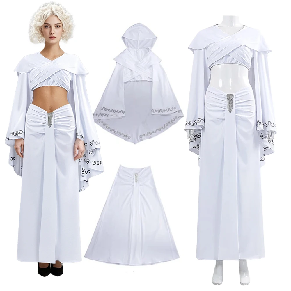 

Padme Cosplay Costume Top Hooded Cloaks Skirt Queen Roleplay Clothing White Women Outfit Halloween Movie Character Dress Up Suit