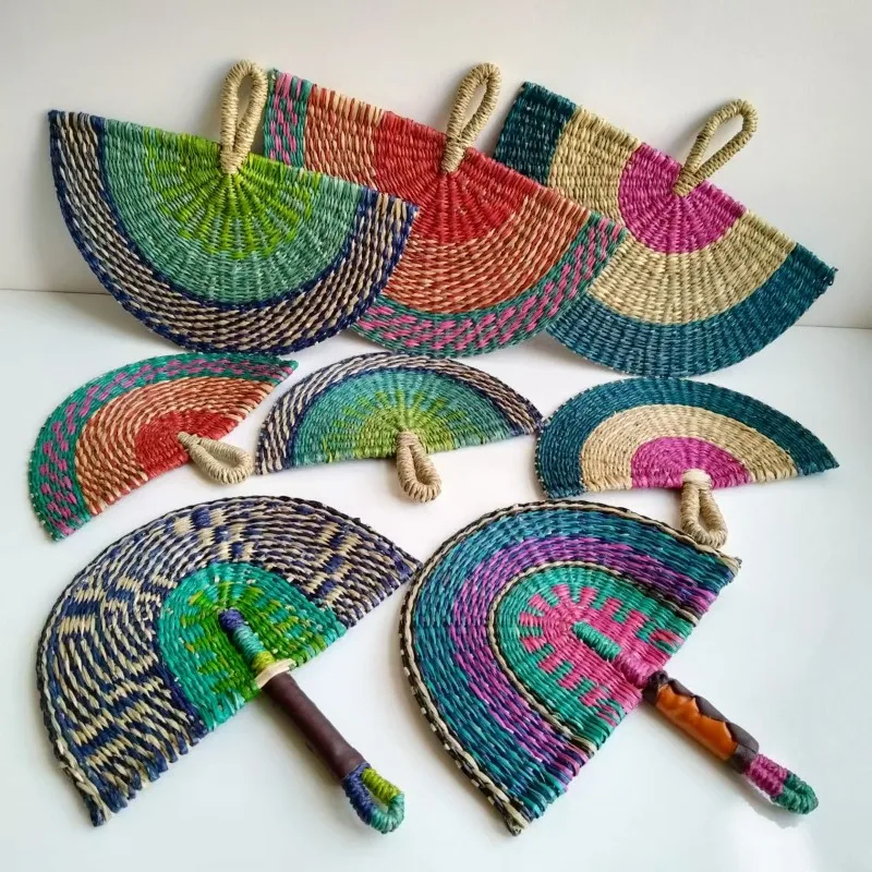 S/L Size Hand-woven Straw Fan Decorative Handmade Semicircular Woven Fan Summer Handheld Cooling Fan Gift Home Decor