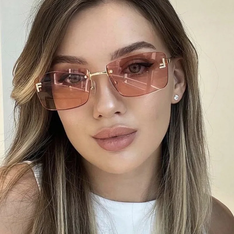 Rectangle Rimless Sunglasses Women 2024 New Vintage Fashion F Glasses Shades Trendy Luxury Design Sun Glasses Oculos De Sol