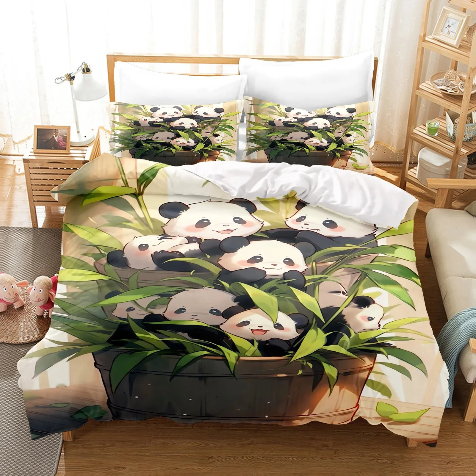 Ensemble de literie de dessin animé mignon panda pour enfants, couverture de vêtements de vélo, taie d'oreiller, lit Queen Size, ensembles de couette de chambre familiale, cadeau pour enfants