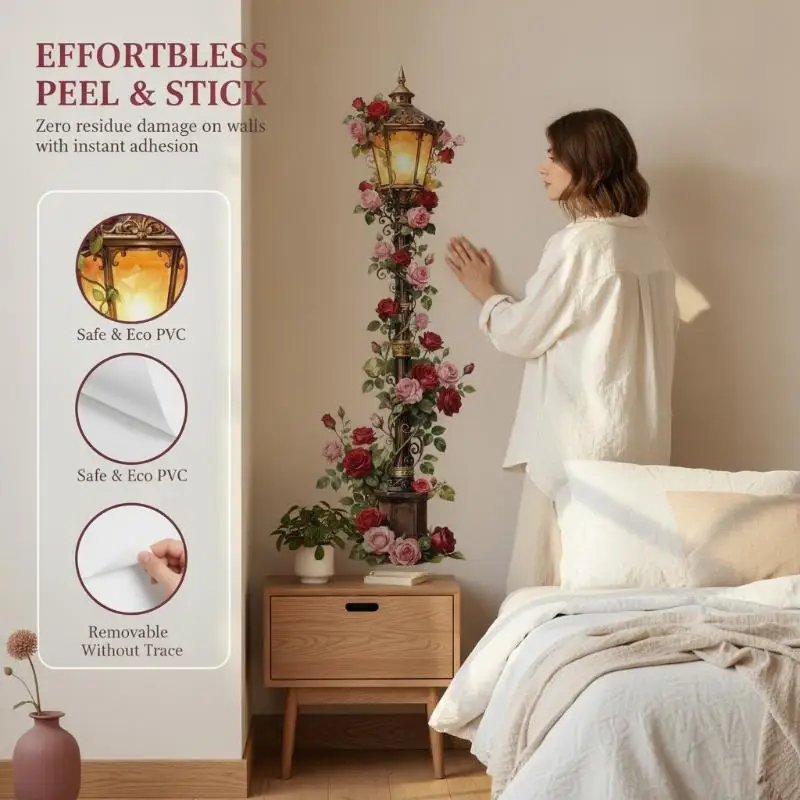 Vintage Street Lamp Rose Wall Decal Easy Peel & Stick Realistic Flower Decor for Hotel Cafe Shop Wall Decoration