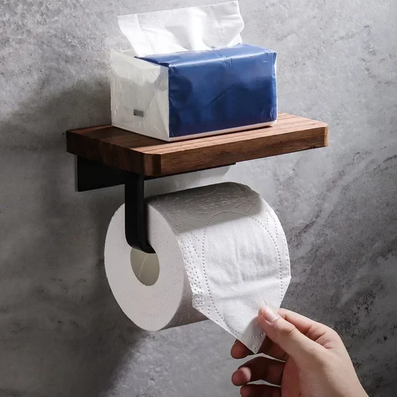 Wooden Toilet Paper Holder Bathroom Wall Mount WC Paper Phone Holder Shelf Storage Towel Roll Shelf Accessories