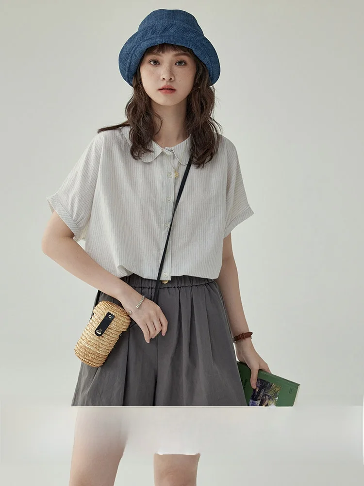 

AMUU North Island Casual Style Loose Fit Short Sleeve Striped Doll Collar Shirt Women's Summer Breathable Cotton T-Shirt