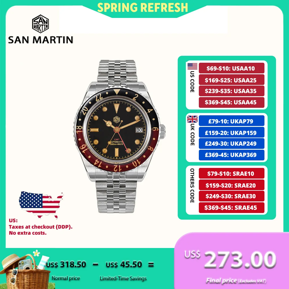 

San Martin Retro 40mm Bidirectional Sapphire Crystal Bezel Men NH34 GMT Diver's Watch 20Bar C3 Green Luminous SN0005B-3