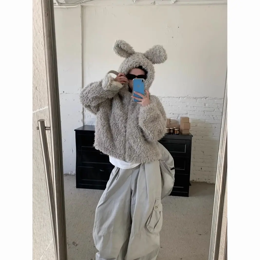 

Retro Cute Rabbit Ear Imitation Fur Short Hooded Plush Jacket for Women in Winter Loose Thick Lazy Style