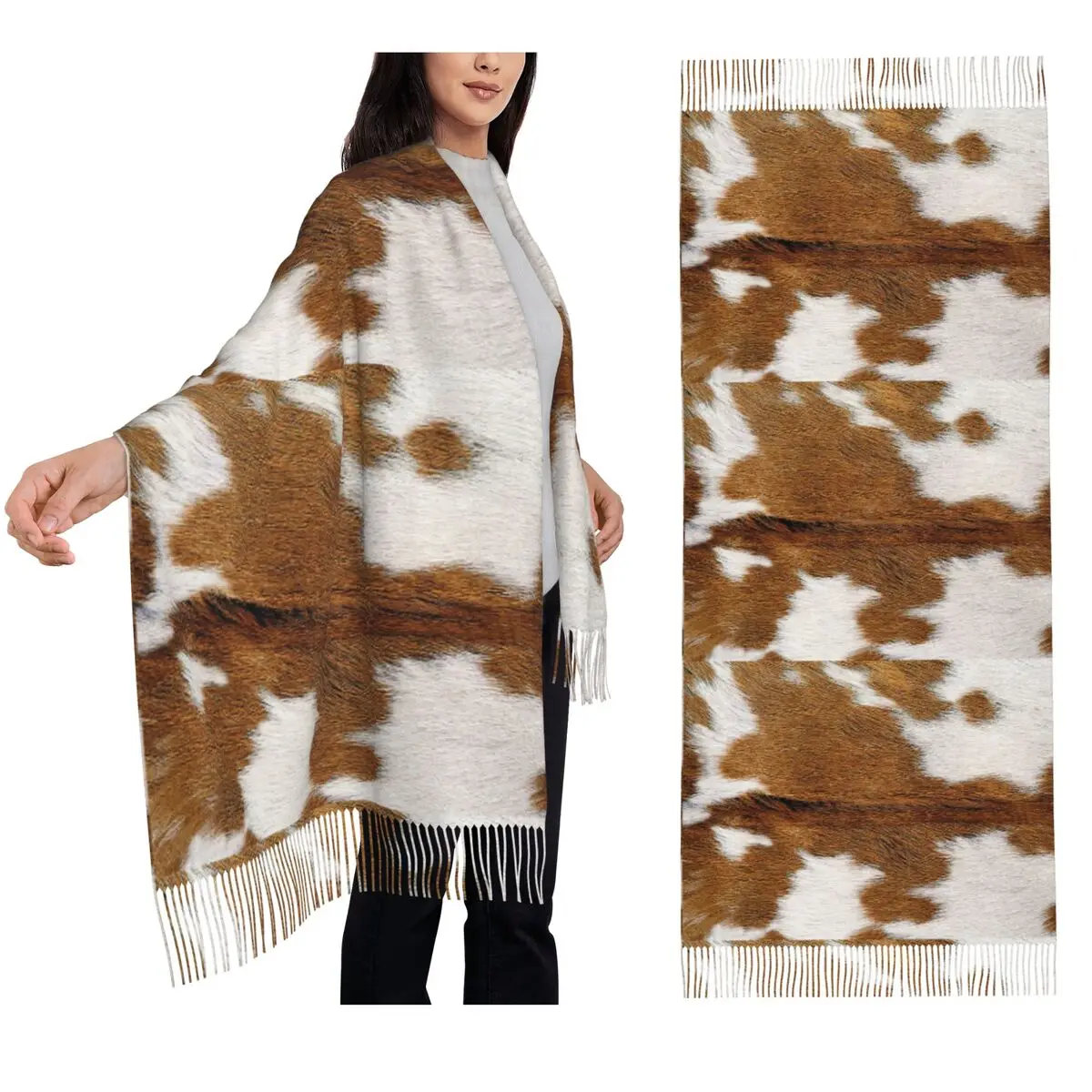 

Стильные женские шарфы с кисточками и принтом коровьей кожи с текстурой коровьей кожи, шали и накидки, длинная осенне-зимняя шаль