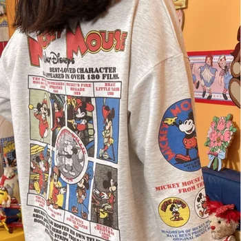 Camiseta de manga larga con estampado de letras de algodón puro de Mickey de Disney para hombre y mujer, camisetas holgadas de tendencia Vintage, versión coreana, Top informal Simple