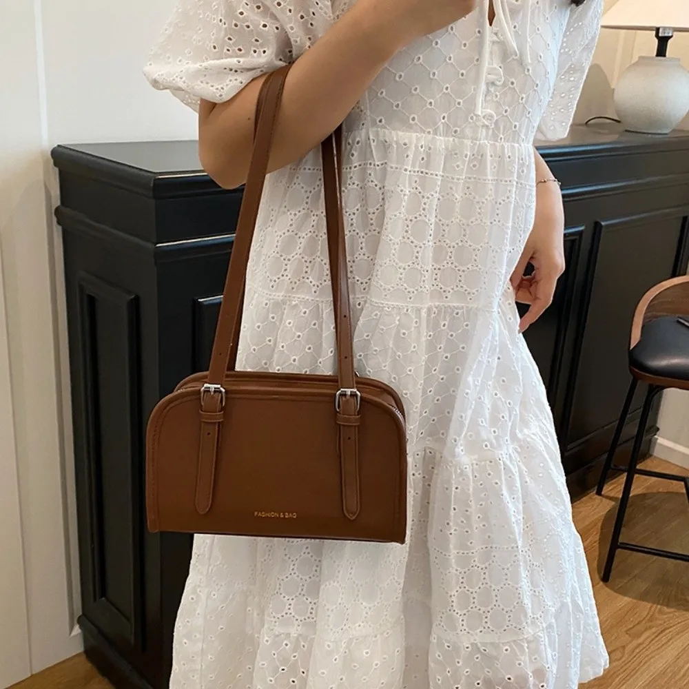 

Fashion Korean Style Boston Bag Underarm Simple Single Shoulder Bag Vintage Large Capacity PU Leather Handbag Unisex