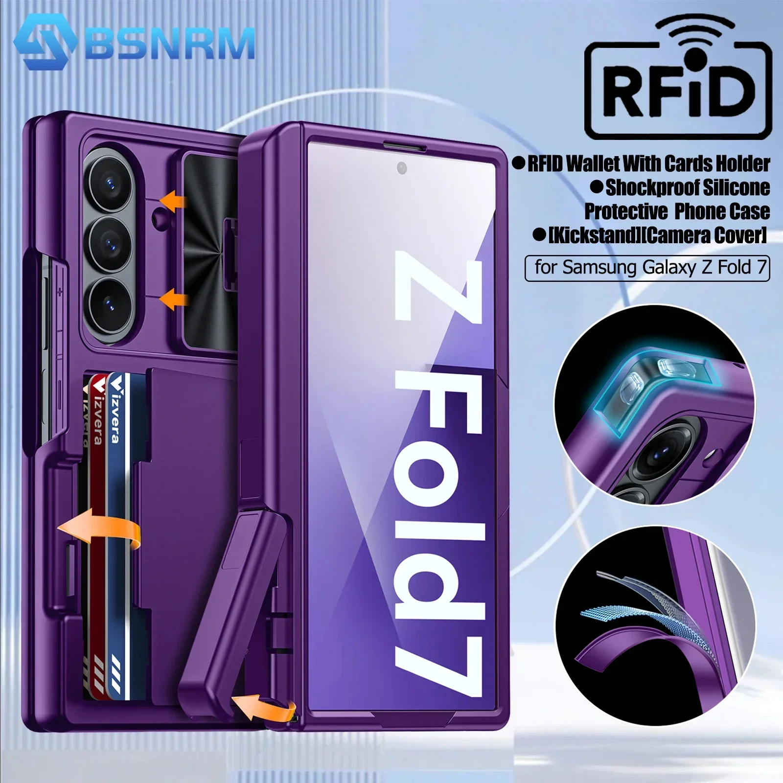 

Чехол-кошелек для Samsung Galaxy Z Fold 7, держатель RFID-карты, скрытый кронштейн, чехол для камеры, противоударный силиконовый чехол для телефона-фиолетовый
