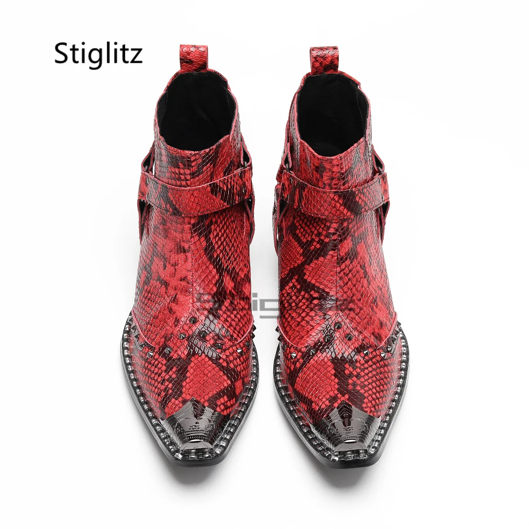 الأحمر الأفعى نمط عالية الكعب أحذية رجالية معدنية أشار تو المسامير جلد طبيعي الكاحل تشيلسي الأحذية فستان حفلات الزفاف الأحذية