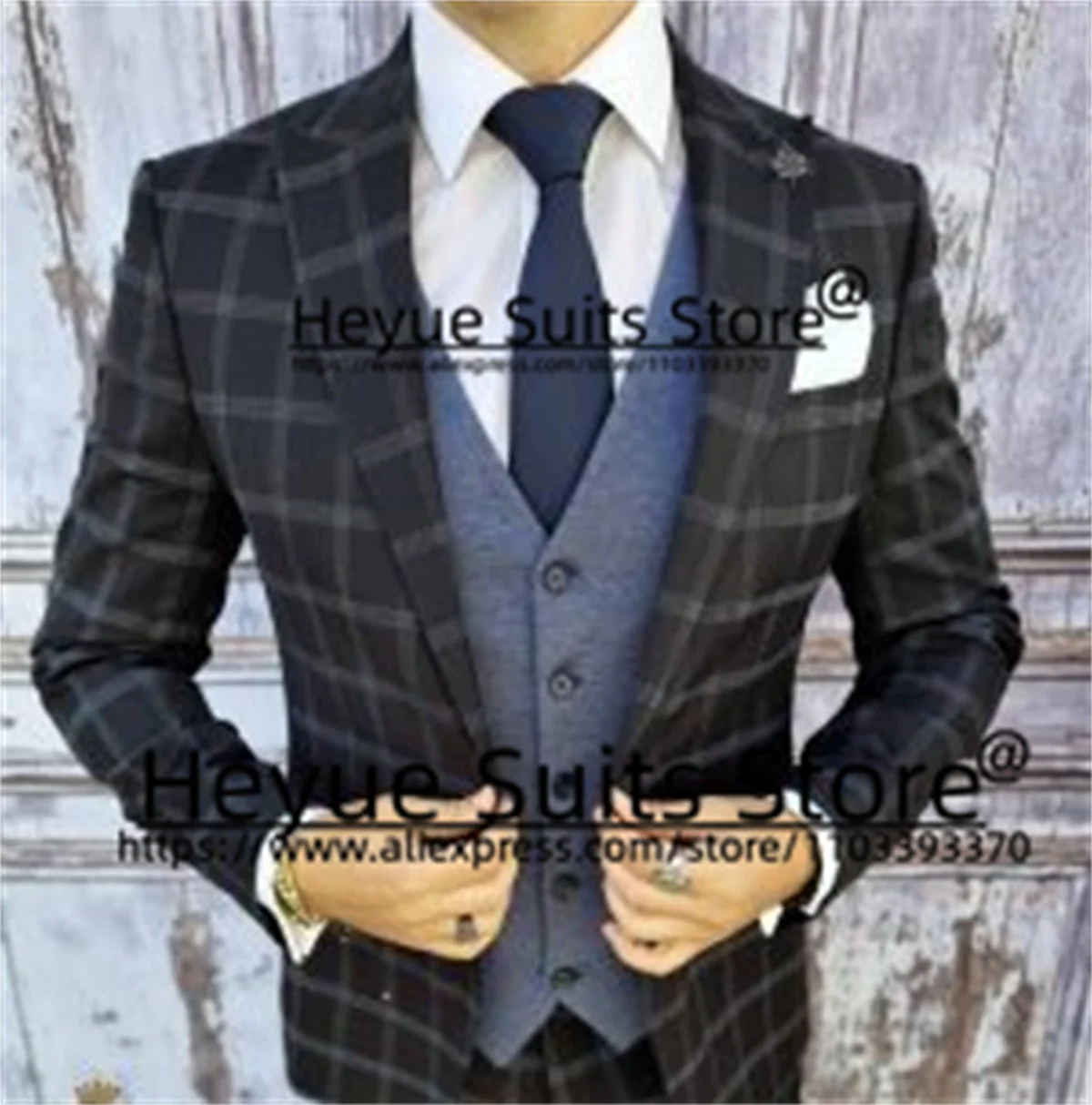 

Black Plaid Business Men Suits Slim Fit Peak Lapel Groom Tuxedos Custome Formal Prom Jacket+Gray Vest+Pants Costume Homme