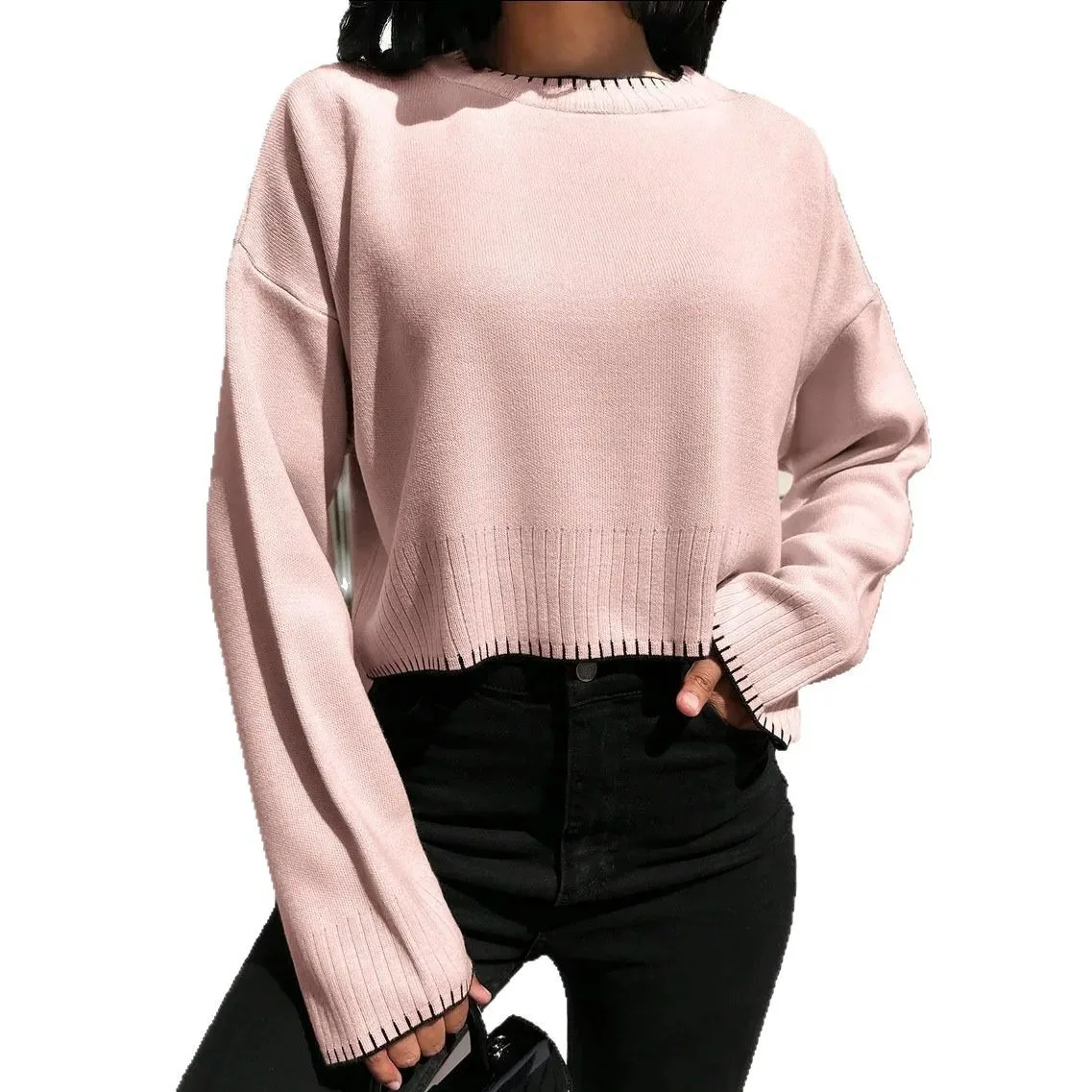 

Cropped Color Block Pullover Sweater 2025 Round Neck Striped Relaxed Fit Fall Winter Gray Black Pink Khaki Casual Chic