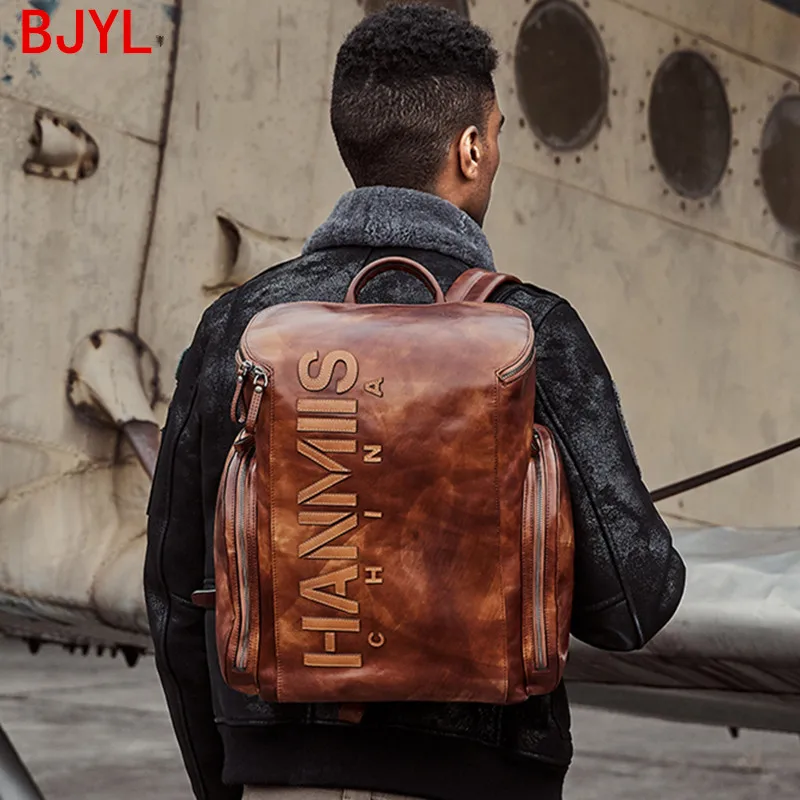 2020 3D Lettering New Leather Men\'s Backpack Men Laptop Shoulder Bag Bucket Bag Male Travel Backpacks Retro First Layer Leather