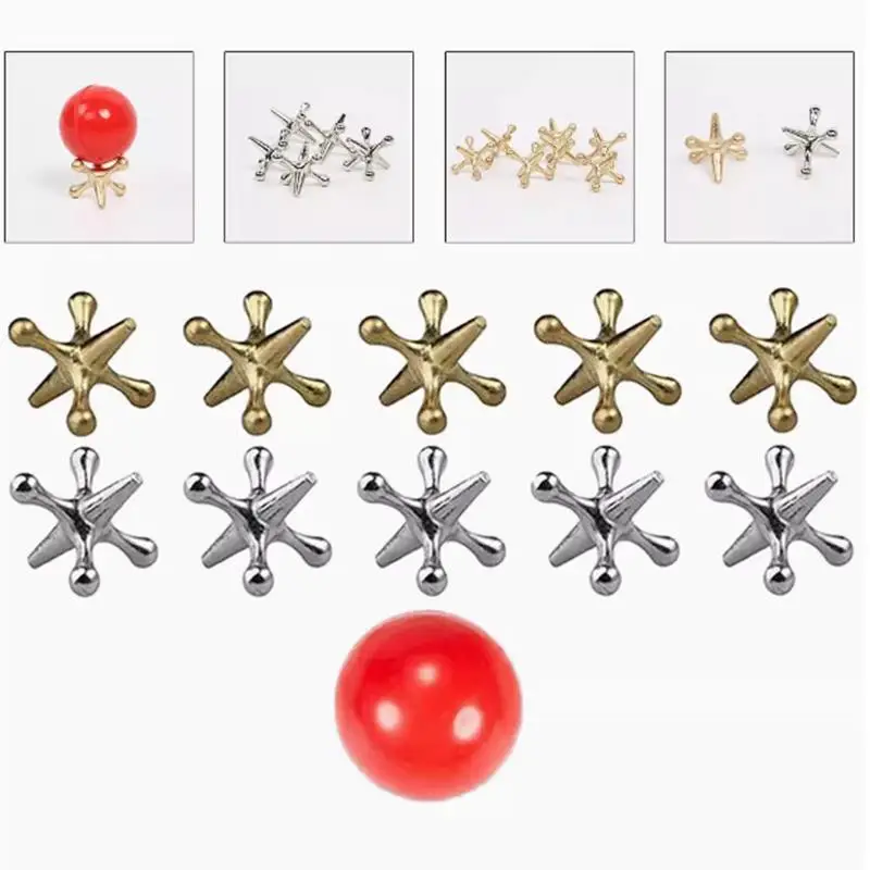 10 Stück Gold- und Silber-Metall-Jacks, 1 roter Gummi-Jack, Weihnachtsspielzeug-Set, Knucklebones-Brettspiel-Set