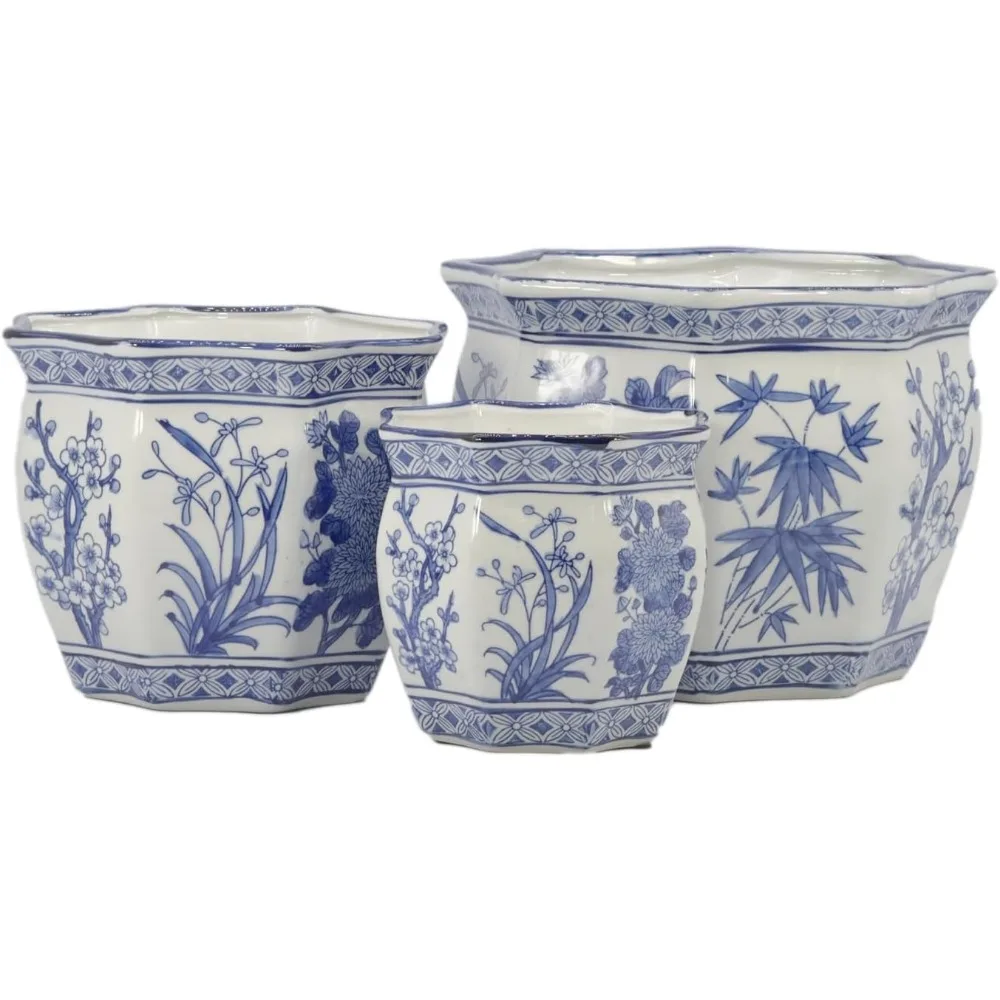 Galt International Blue & White รอบร่องดอกไม้ปาล์มโลตัสพอร์ซเลนเซรามิคพืชกระถางต้นไม้ชุด 3 (7.5", 10", 1