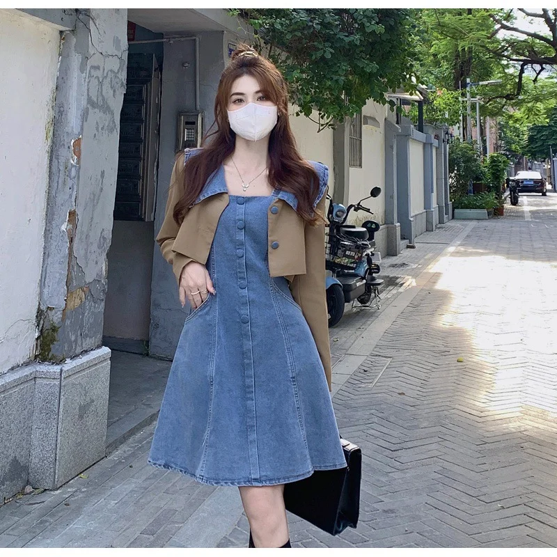 Autumn New Big Size Retro Blouse Patchwork Coats Doll Collar Suit Jacket Cowboy Dress Halter Two-piece Women's Clothes Vestidos