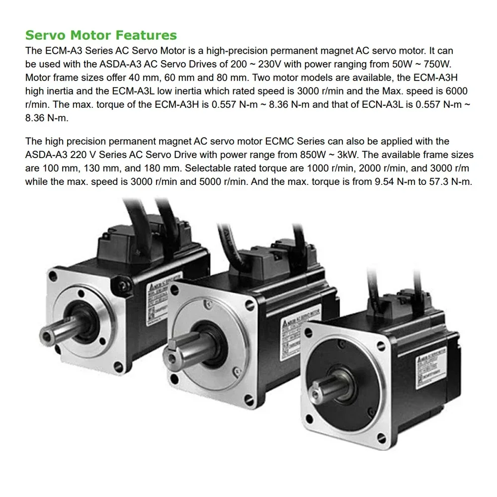 Delta A3 220V AC Servo Motor Driver Kit 24Bit Absolute Encoder 100W-3KW 40mm-180mm Flange Servo Motor Pulse Input CANopen DMCNET