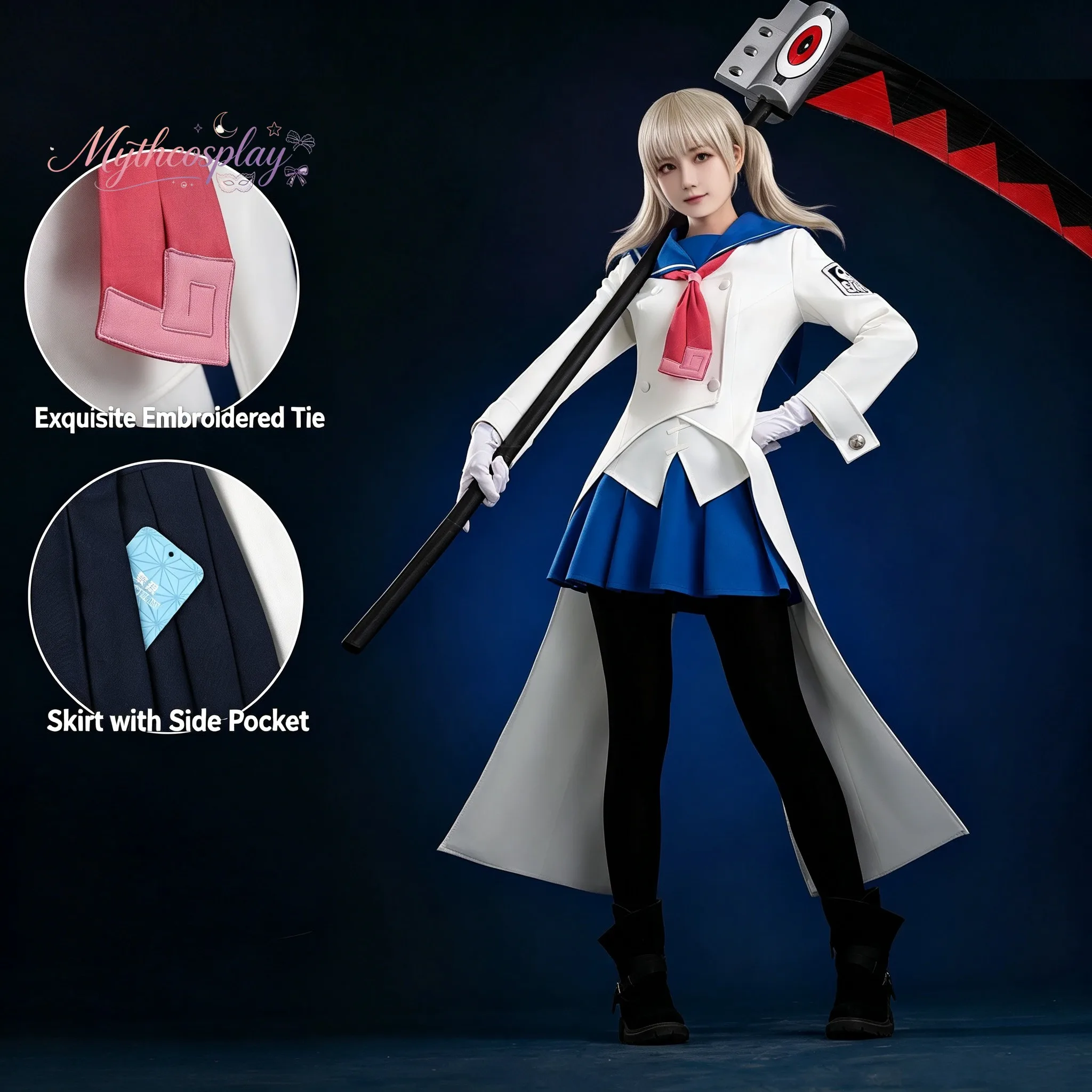 Maka Albarn Cosplay Costume Soul Eater Maka Albarn Costume Blue White Angel Combat Sailor Uniform TR Fabric Full Set MythCosplay