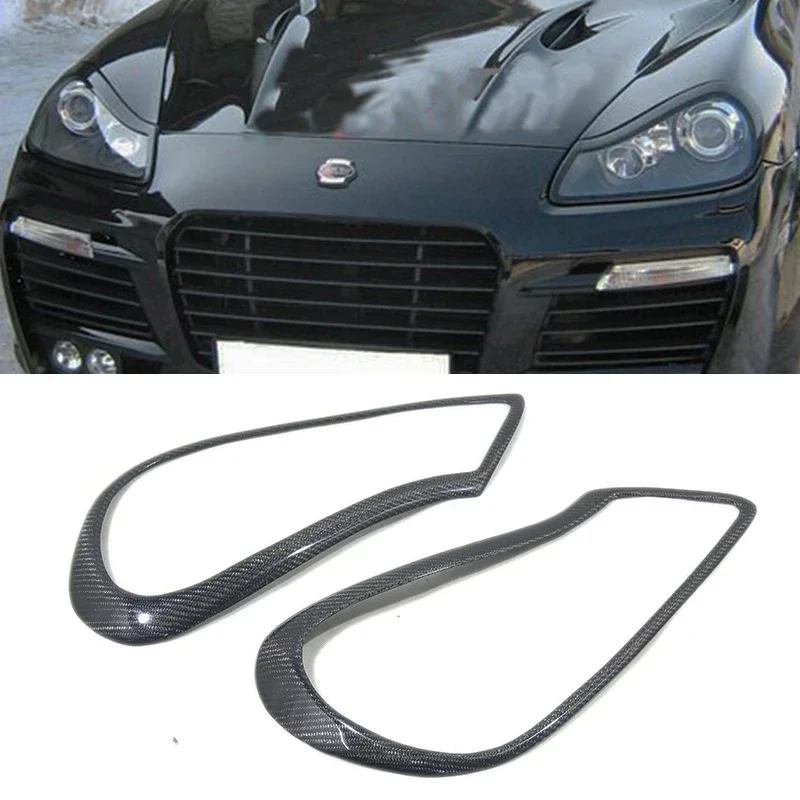 2PCS Real Carbon Fiber Headlight Eyebrow Eyelids Cover Trim Front Frames for Porsche Cayenne Turbo S 957 2007-2010 Add on Style