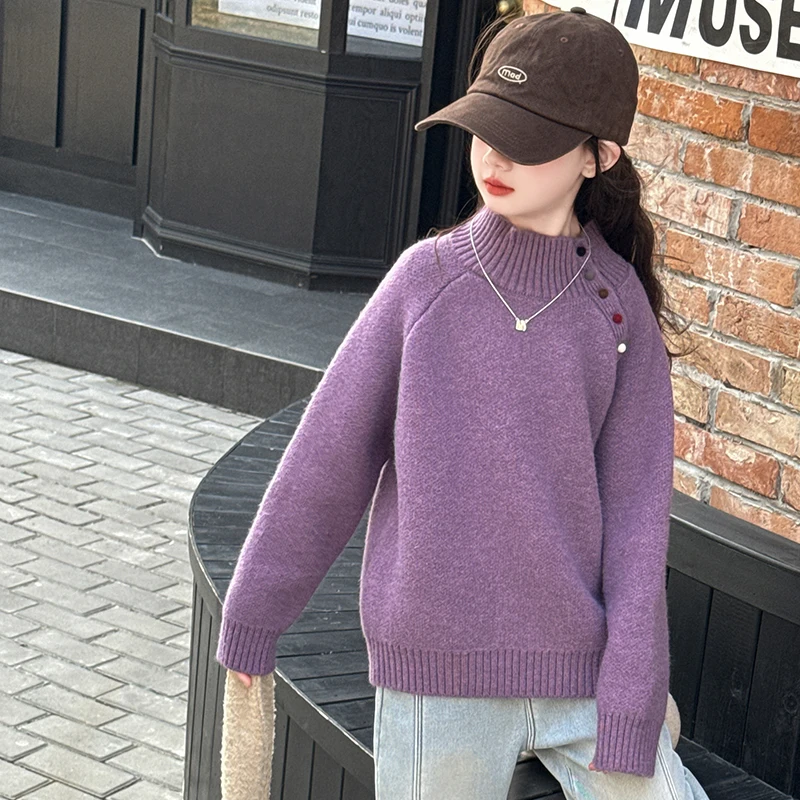 الأطفال سترة 2025 ربيع الخريف جديد الفتيات الكورية بلون كل مباراة موضة محبوك الجولة الرقبة سترة الفتيات الملابس