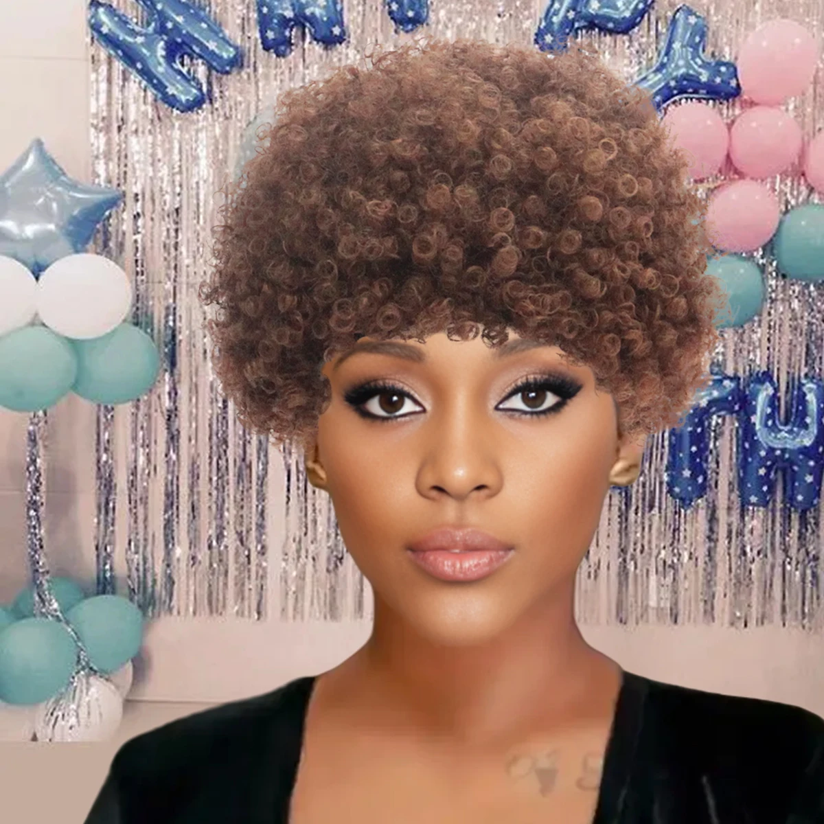 

Synthetic puffy brown curly wigs short adult wigs tops for music festival masquerade parties cosplay gifts