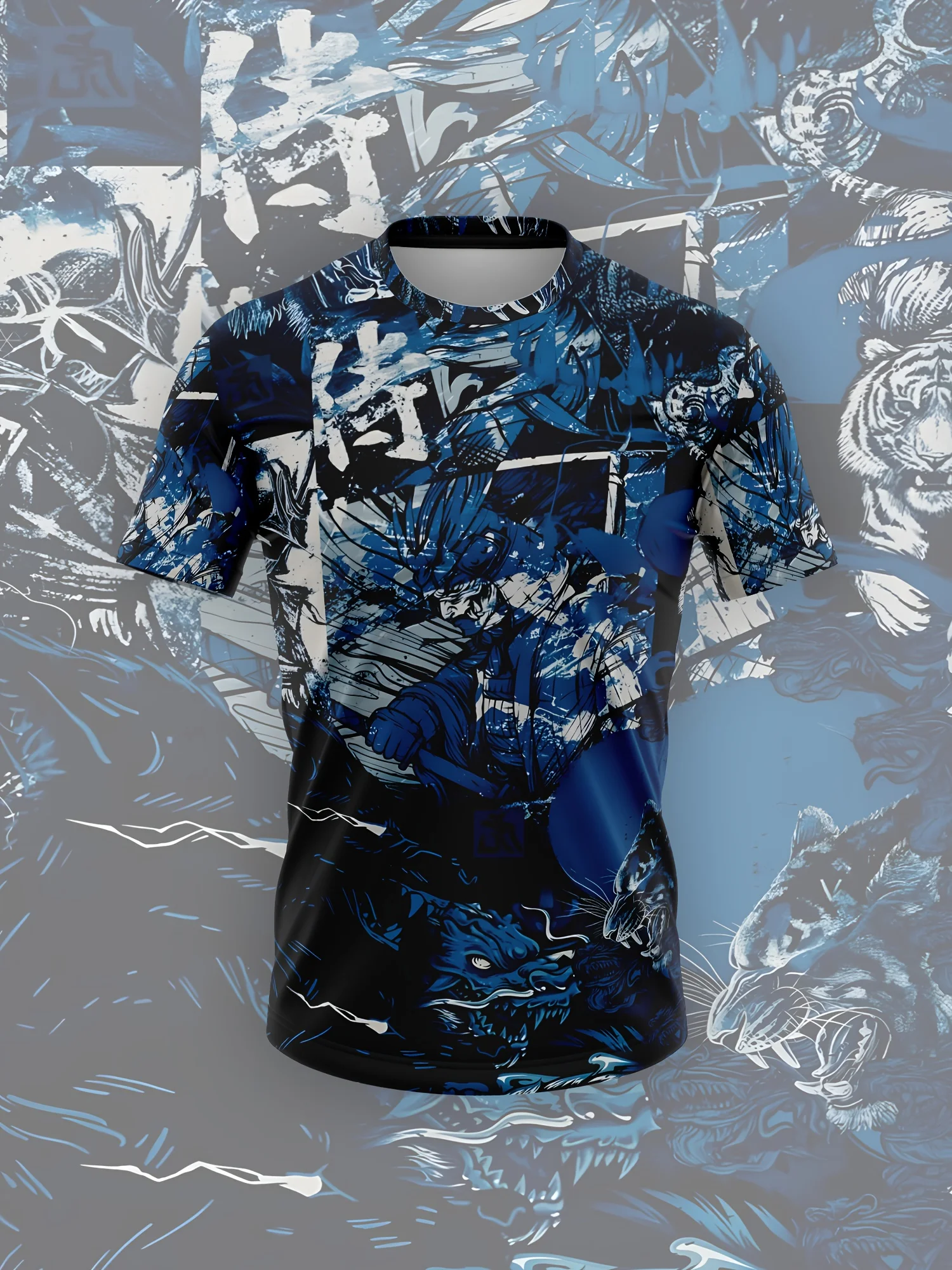 سويت شيرت رجالي مطبوع من Warrior بنمط هندسي أزرق/أبيض/أسود. نسيج بوليستر ماص للرطوبة. مناسبة لصالة الألعاب الرياضية #2