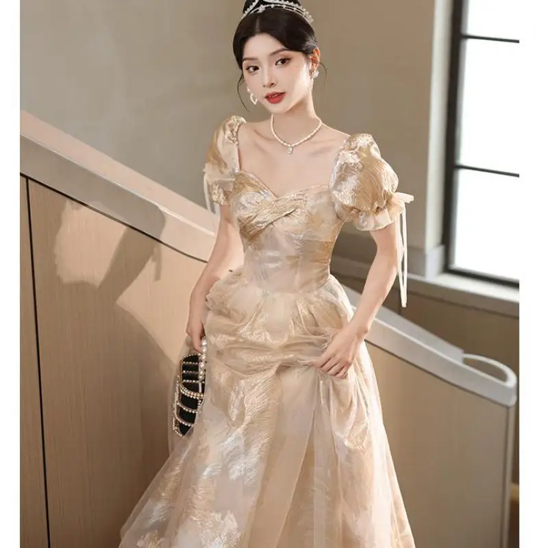 

Champagne Long Evening Dresses With Vintage Puff Sleeve New Elegant A Line Prom Dress Classic Lace Up Vestido Longo Festa