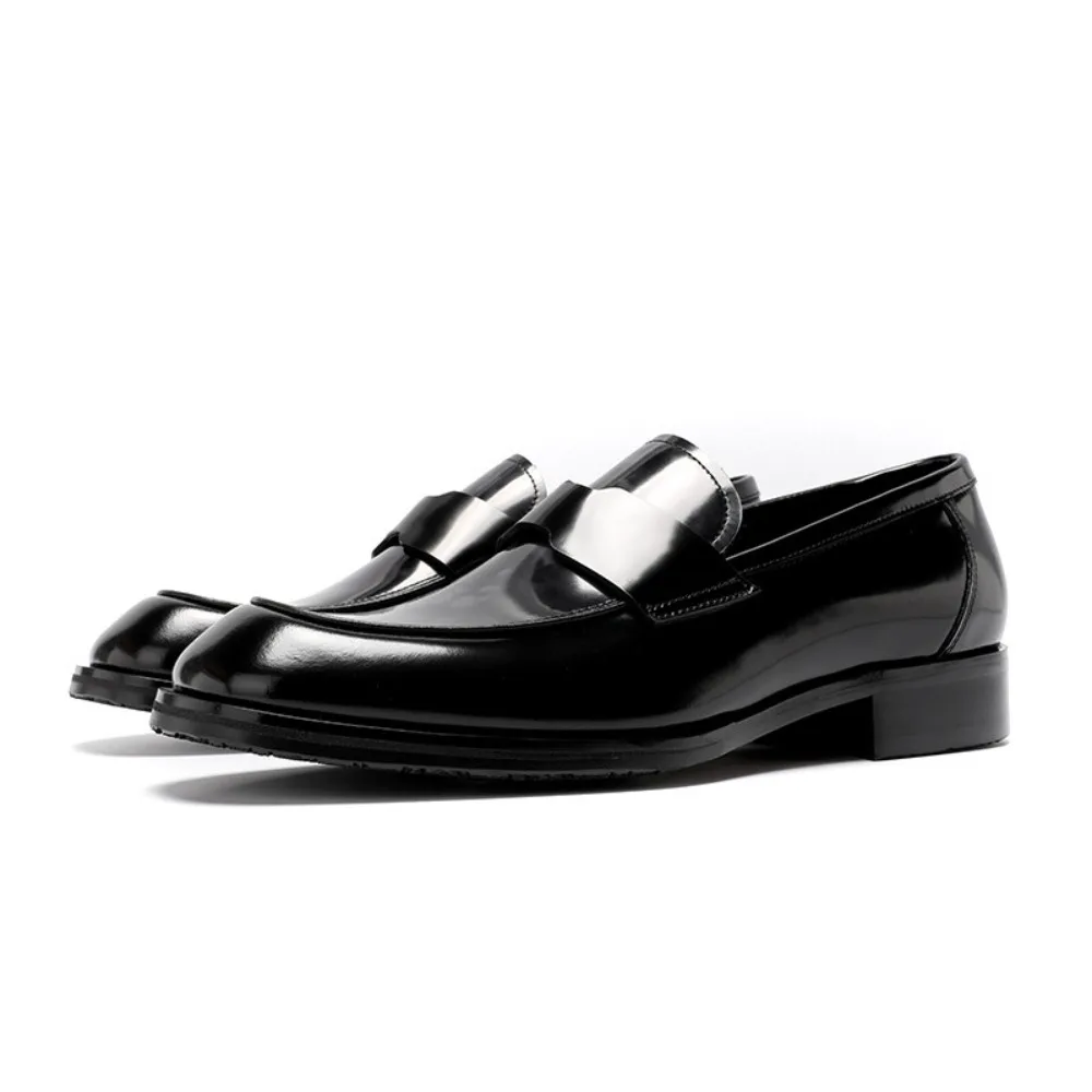 

Summer Genuine Calfskin Leather Loafers Men British Style Business Casual Slip on Square Toe Shiny Formal Dress Shoes
