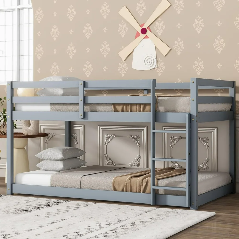 

Low Bunk Bed Twin Over Twin Floor BunkFrame Junior Loft Bed for Kids Boys Girls Teens Wood Twin Bunk Bed with Safety Fences