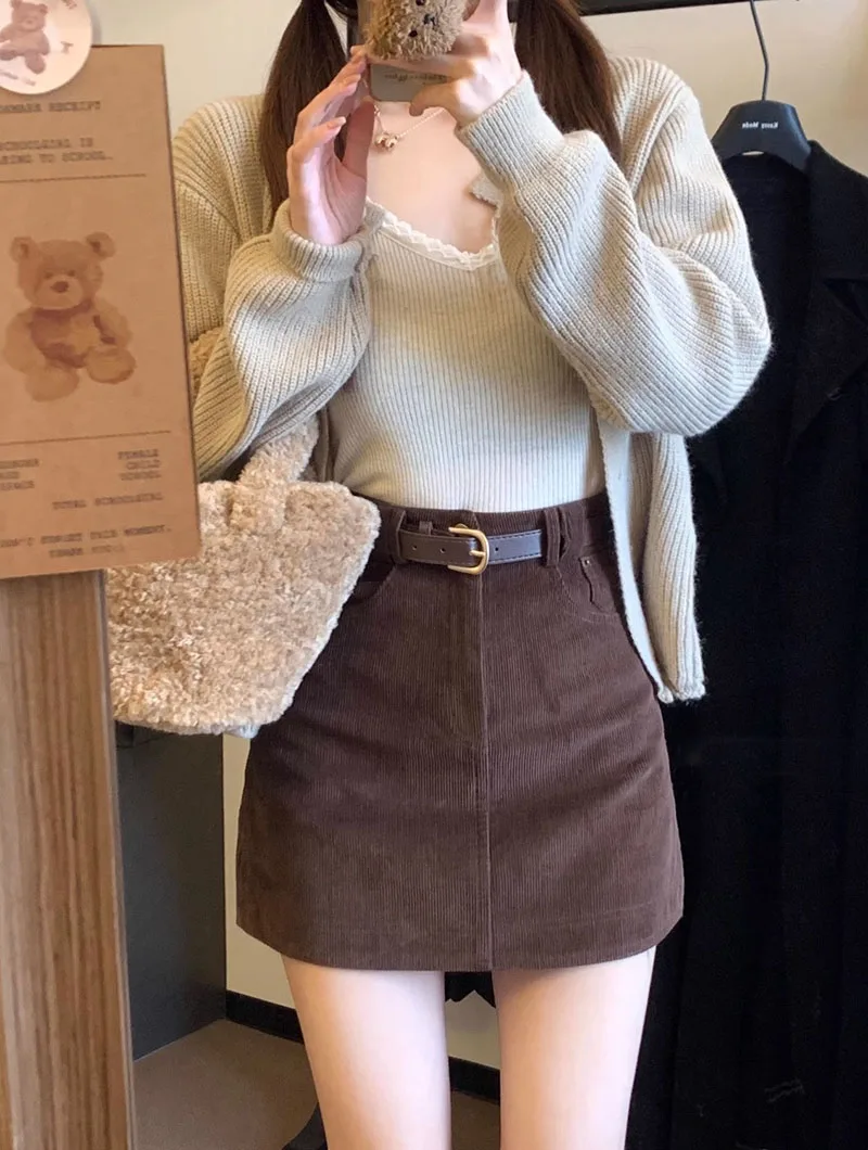 Vintage Carduroy Mini Skirt Women Korean Fashion with Belt High Waist Bodycon Skirts Elegant Slim Fit Streetwear Short Skirts 68 S3944ae3d1f76431696006c08a8f8dbc0Y