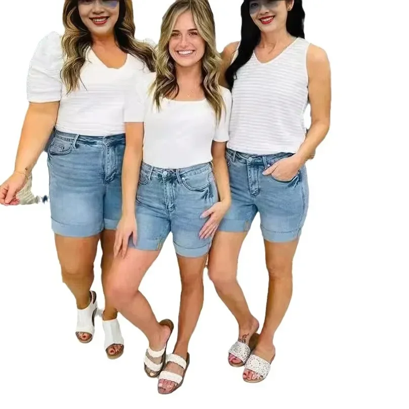 

Женские летние шорты размера плюс с высокой талией, легкие, 200 фунтов, толстые, свободные, эластичные, трапециевидные, широкие, модные брюки