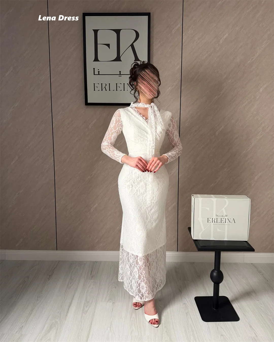 Lena White Elegant Dresses Woman for Evening Party Customized V-neck Embroidered Lace Prom Dress Long Sleeves Women's Ball Gown