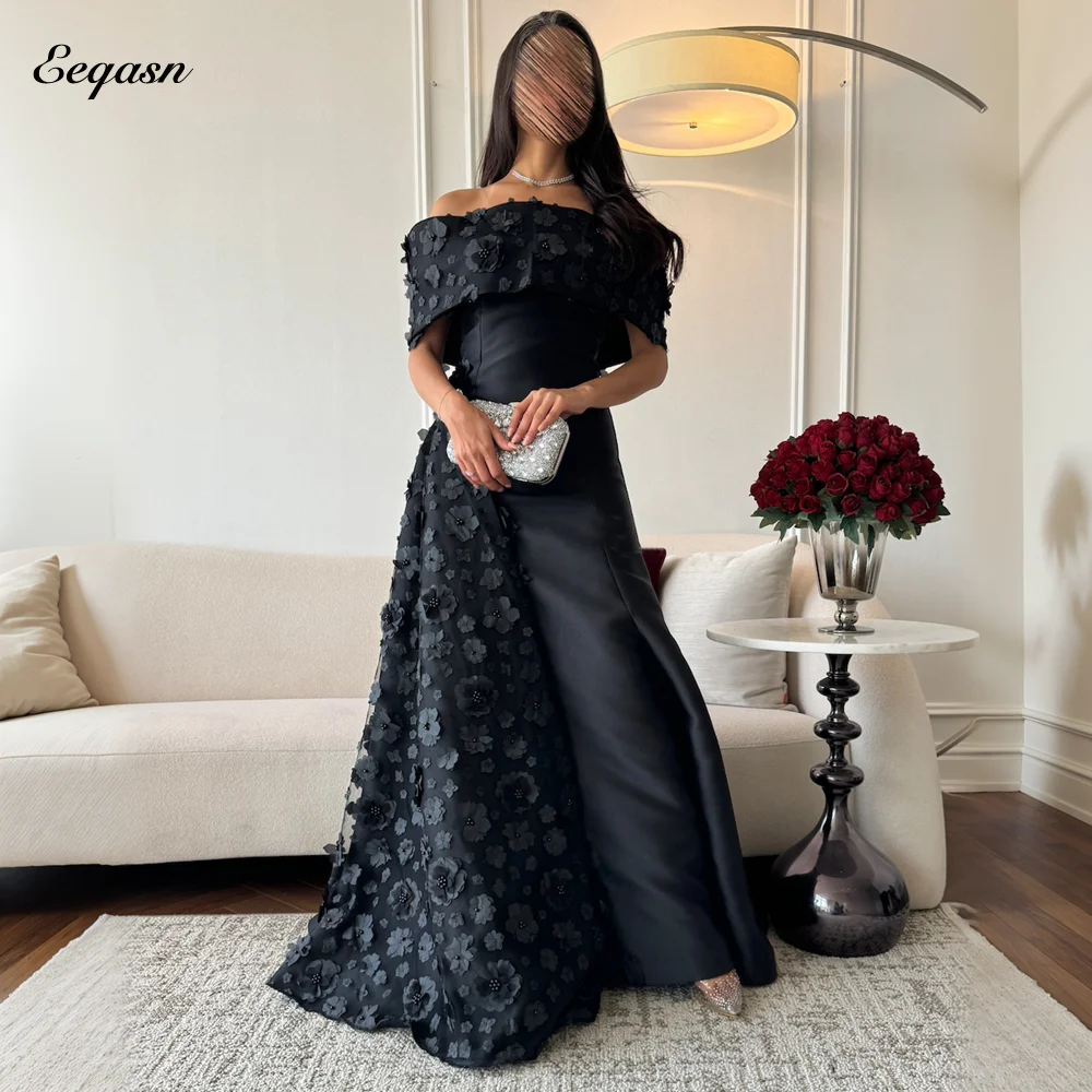 

Modern Black Evening Dresses Satin Mermaid Corset Back Vestido Largo Elegante Lace Flowers Wedding Party Dress Customized