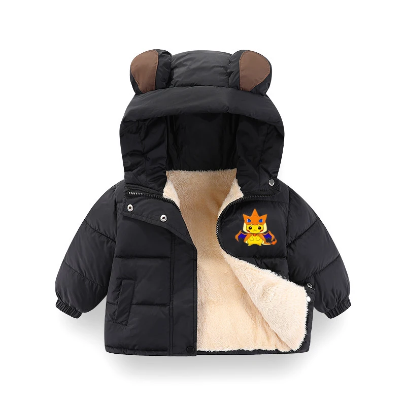 

Children's Winter Plush Jacket Thick Warm Zipper Hooded Coat Boys Girls Solid Color Casual Ovrcoat with Rabbit Ear Design