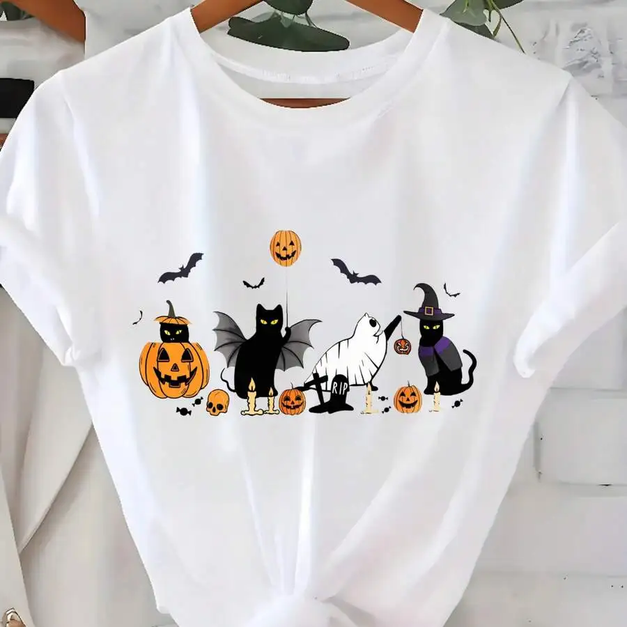 Women's Halloween Pumpkin Bat Black Cat Ghost Graphic Print T‑Shirt Crew Neck Short Sleeve Holiday Party Casual Tee Top