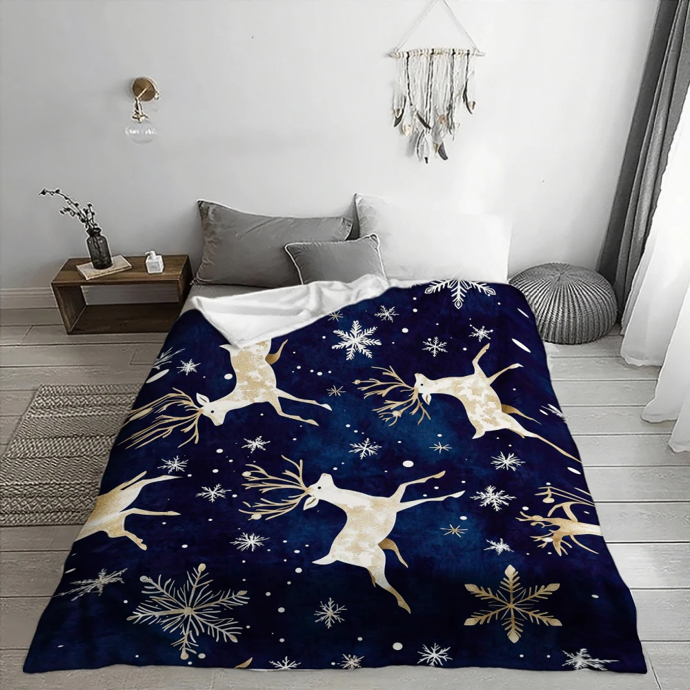 Winter Reindeer And Snowflake, Holiday Gift, Blanket, Navy Blue with Golden Deer, Home Decor, Soft Cozy Multi-Purpose