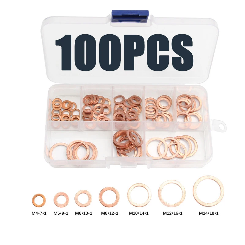 

100Pcs Copper Washer Gasket Nut And Bolt Set Flat Ring Seal Assortment Kit With Box M4/M5/M6/M8/M10/M12/M14 For Sump Plugs