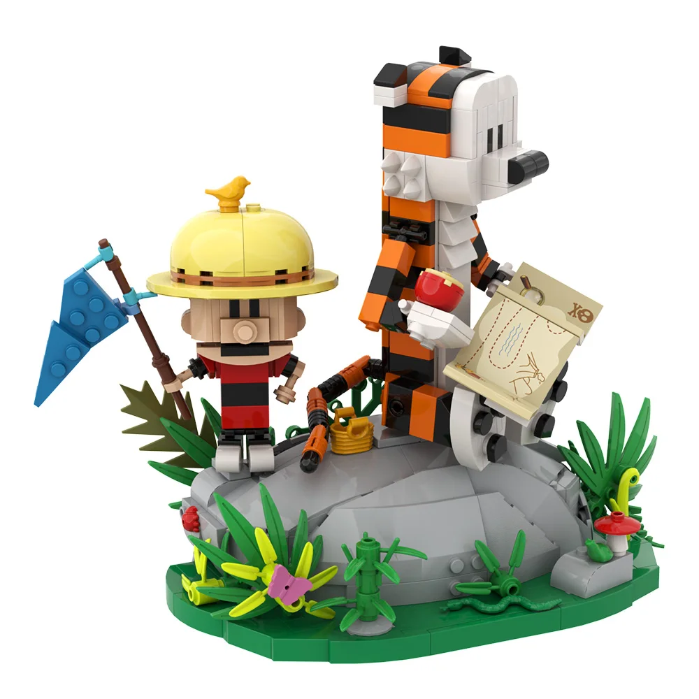 MOC Calvined and Hobbes Model Building Block Animation Doll Grass Plant Cartoon Tiger Action Figure Brick Toy Kid Christmas Gift