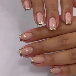 24Pcs Short French False Nails with Glue Wearable Simple Square Head Press on Fake Nails Golden Edge Design Jelly Stick on Nail