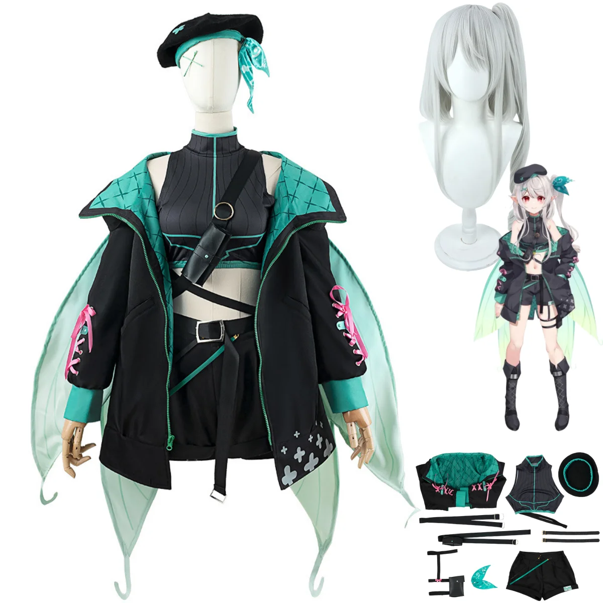 Anime Virtual YouTuber NIJISANJI Pomu Rainpuff  Cosplay Costume Wig Combat Uniform Wing Shorts Woman Lovely Kawaii Carnival Suit