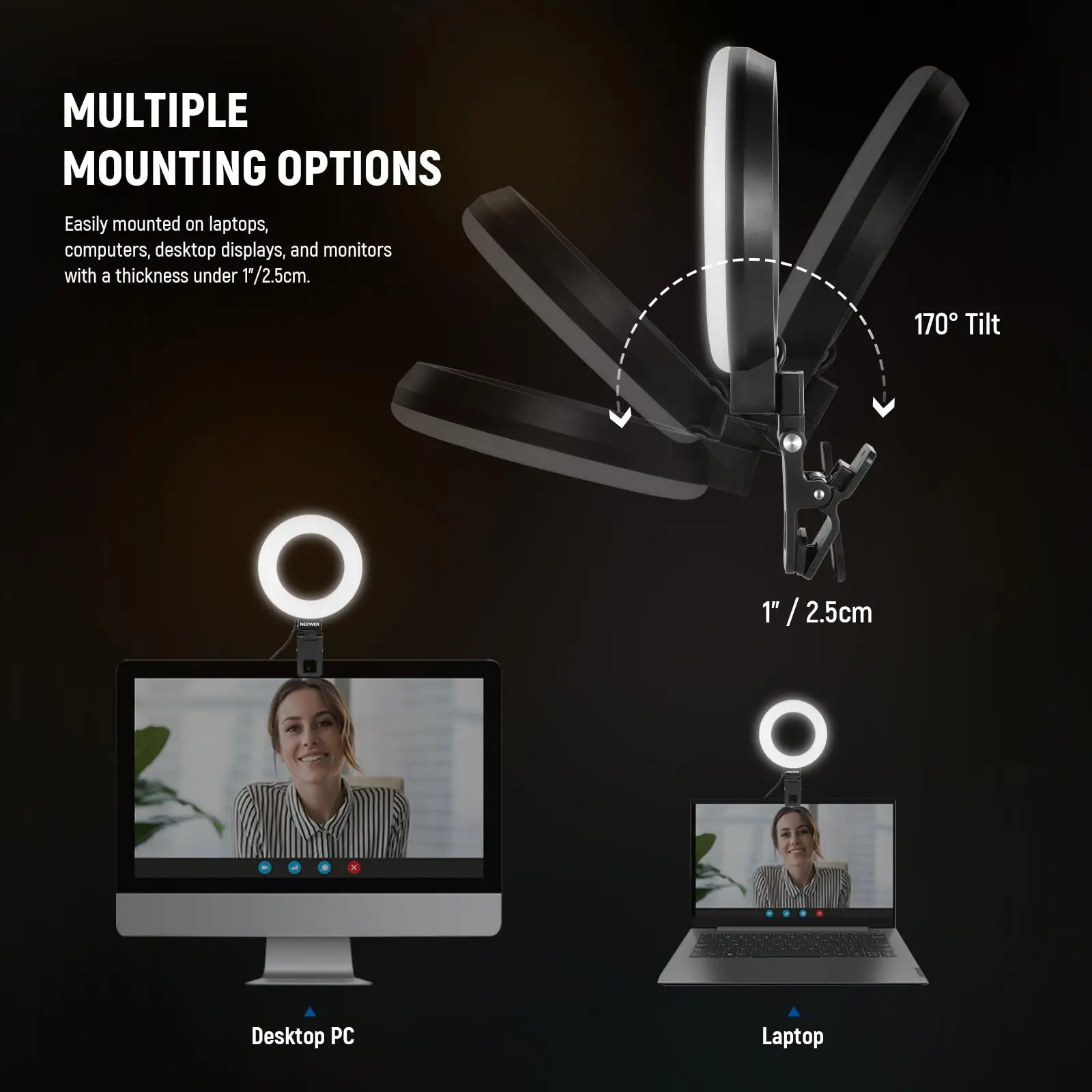 NEEWER BASICS 5-дюймовое двухцветное мини-кольцо для освещения видеоконференций, комплект освещения с зажимом и настольным штативом для монитора портативного компьютера
