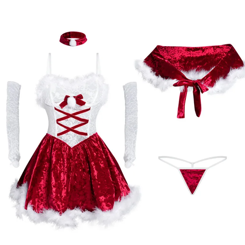 

Christmas Plush Lace Dress Y2K Underwear Sexy COSPLAY Suspenders Plush Skirt Uniform Skirt Shawl Neck Ring T Pants Cuff Set New