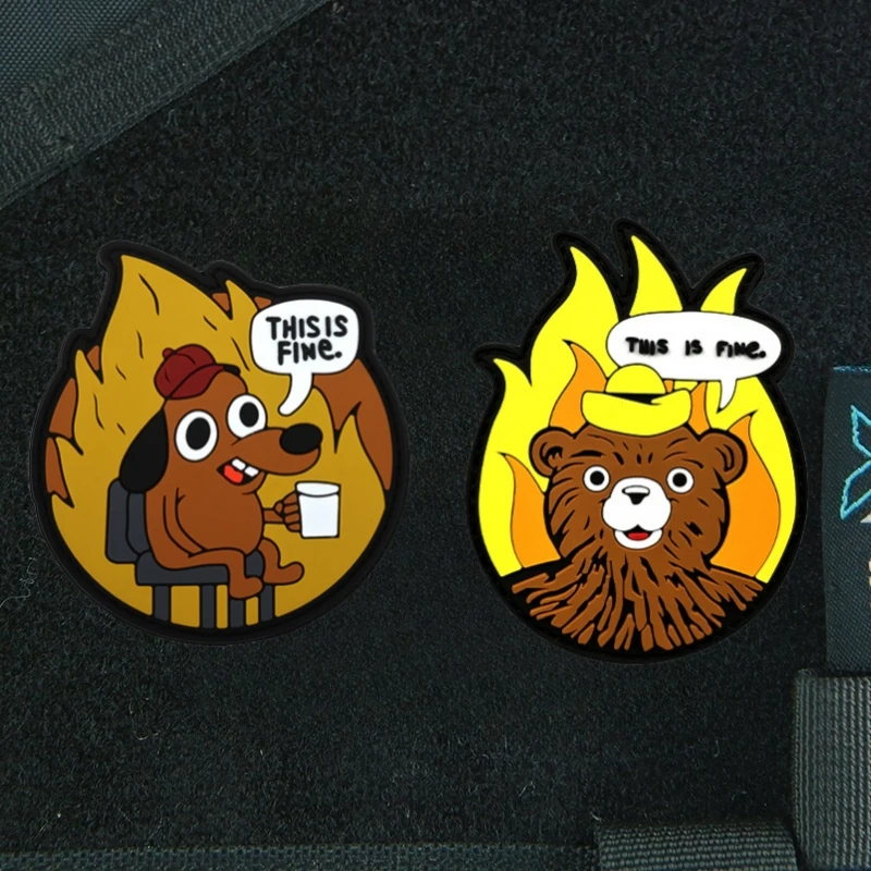 

Peach Dog and Bear THIS IS FINE PVC Patches Tactical Morale Badge Outdoor Equipment Armband Backpack Decoration Sticker